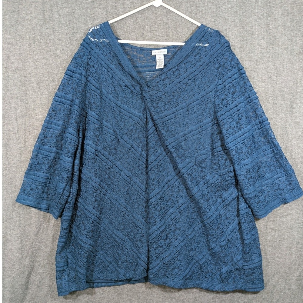 Catherines Blue Lace Surplice V-Neck 3/4 Sleeve Blouse Plus Size 3X 26/28W